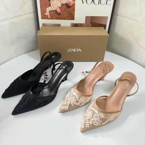 ZAR Fall New Arrival Pointed-Toe Backless Solid Color Embroidered Net Mesh Block Heel Mule