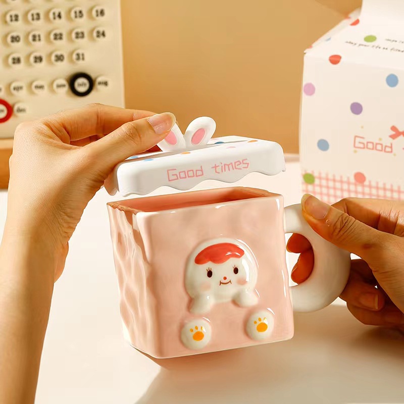 Taza de conejo lindo con tapa pajita regalo de corazón de niña creativa taza de desayuno de cerámica cuadrada taza de oficina