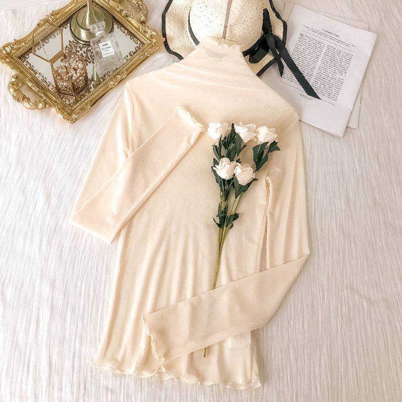High-Neck Mesh Base Shirt for Women, Transparent Sheer Lace Top, Elegant Thin Style, Plus-Size Tight-Fitting Inner Wear, Black Lace Blouse