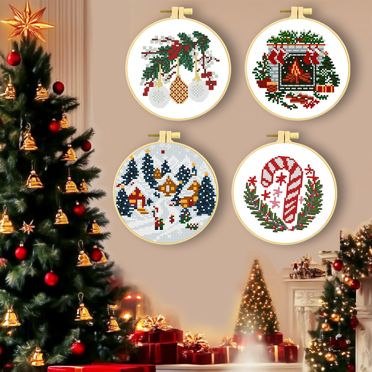 Ventas transfronterizas calientes ingleses de bordado cruzado de Navidad dos muletas melodía chimenea set de bordado cruzado