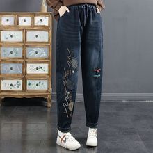 加绒/单裤 牛仔加绒复古文艺刺绣牛仔裤女冬季直筒裤加厚女高腰