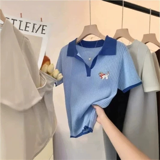 Áo thun nữ tay ngắn cổ tròn họa tiết thêu chó con dễ thương — màu xanh nhạt chi tiết 4