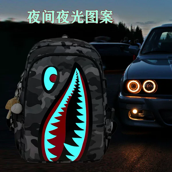 New Foreign Trade Large-Capacity Camouflage Luminous Shark Student Backpack, Large-Capacity Lightweight Casual Men's Travel Backpack