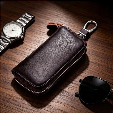 Genuine leather zipper key bag for men, practical key holder with hook, universal cowhide key bag for car and home use