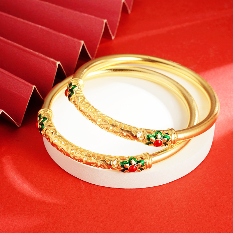 Brazalete de estilo antiguo de oro vietnamita goteo de loto hueco figura de flor de rosa femenina auspiciosa retrógrada de la marea nacional en vivo explosión