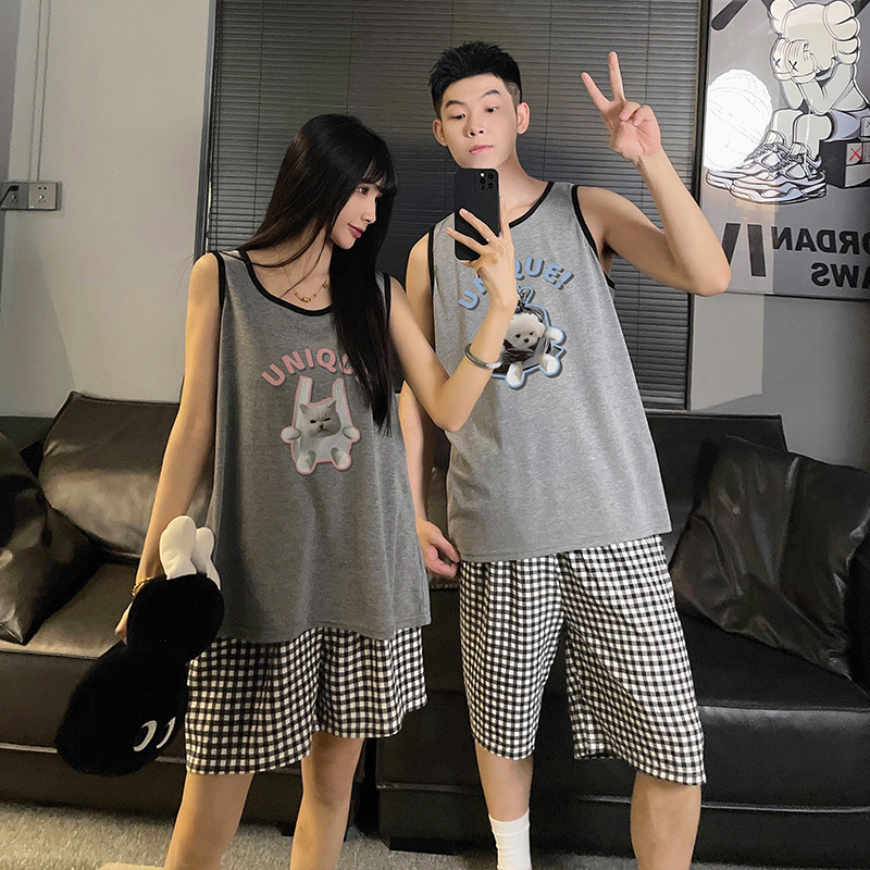 Perro a cuadros Pijamas de pareja Chaleco de verano para mujer Pantalones cortos de dos piezas Dibujos animados para estudiantes Ropa de casa para hombres Se puede usar afuera