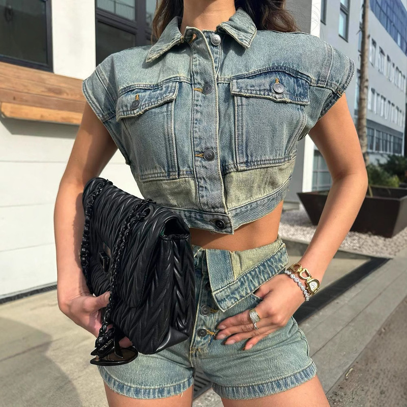 53085 cross-border new European and American fashion casual Denim color matching two-piece women's clothing
