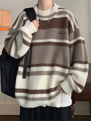 Oversize Relaxed Retro Striped Sweater for Men - Autumn/Winter Knitwear, Loose Men's Outerwear with Thickening