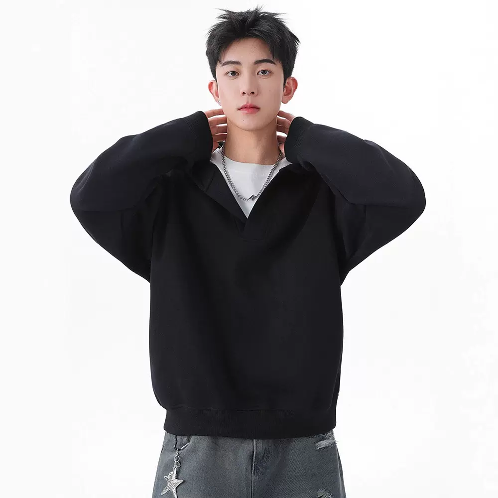 简恒假两件V领连帽卫衣男春秋新款宽松慵懒百搭帽衫男生休闲上衣