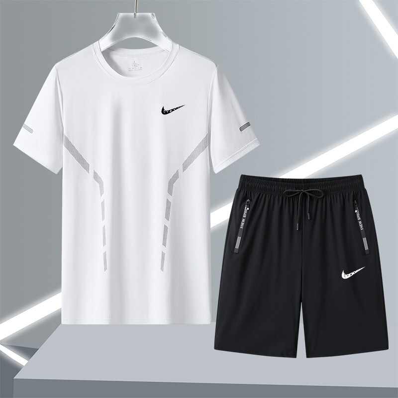 Men's Casual Sports Suit, Summer Round-Neck Thin Short-Sleeved T-Shirt Paired with Shorts, Ice Silk Quick-Drying Two-Piece Set