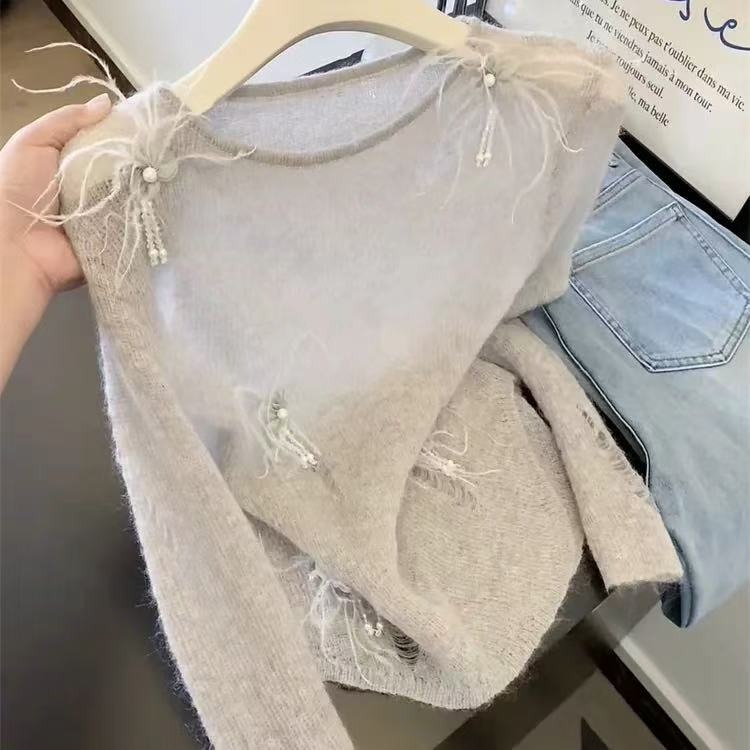 Guangzhou Thirteen Lines High-Quality Popular Style ~ Fashion Craft Distressed Knit Sweater for Women, Slim Fit Long Sleeve Top for Autumn