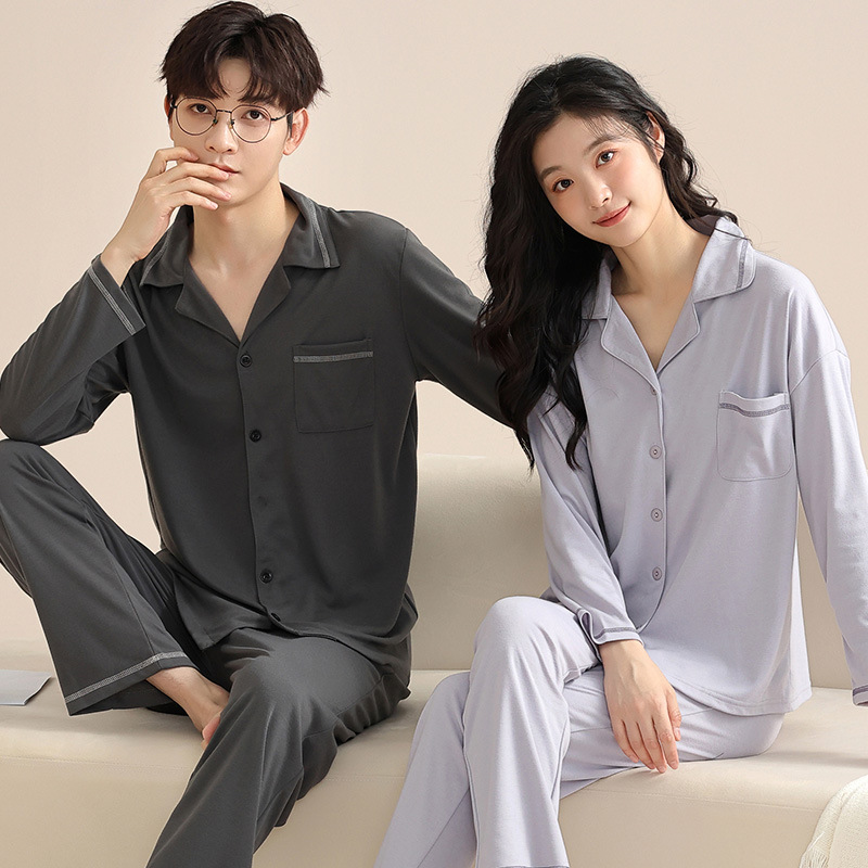 Primavera y otoño pareja pijamas mujeres otoño algodón hombres ropa para el hogar pantalones de manga larga traje cardigan frente hebilla solapa casual hogar