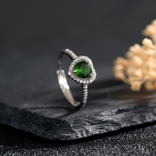 S925 Sterling Silver Heart-Shaped Natural Diopside Ring with Adjustable Band, Main Stone 6mm, Direct Sale from Manufacturer, Light Luxury Style