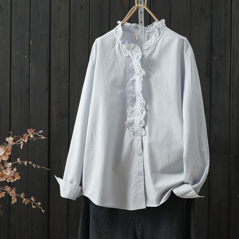 Artistic style pure cotton long-sleeve shirt for women, new spring versatile shirt, base shirt, top for women