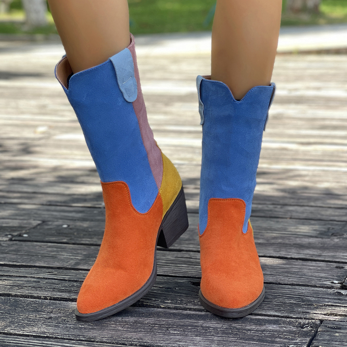 Women's Color Blocked Pointed Toe Riding Boots plus Size Slip on mid Heel Western Style Shoes for Autumn_voghion.com