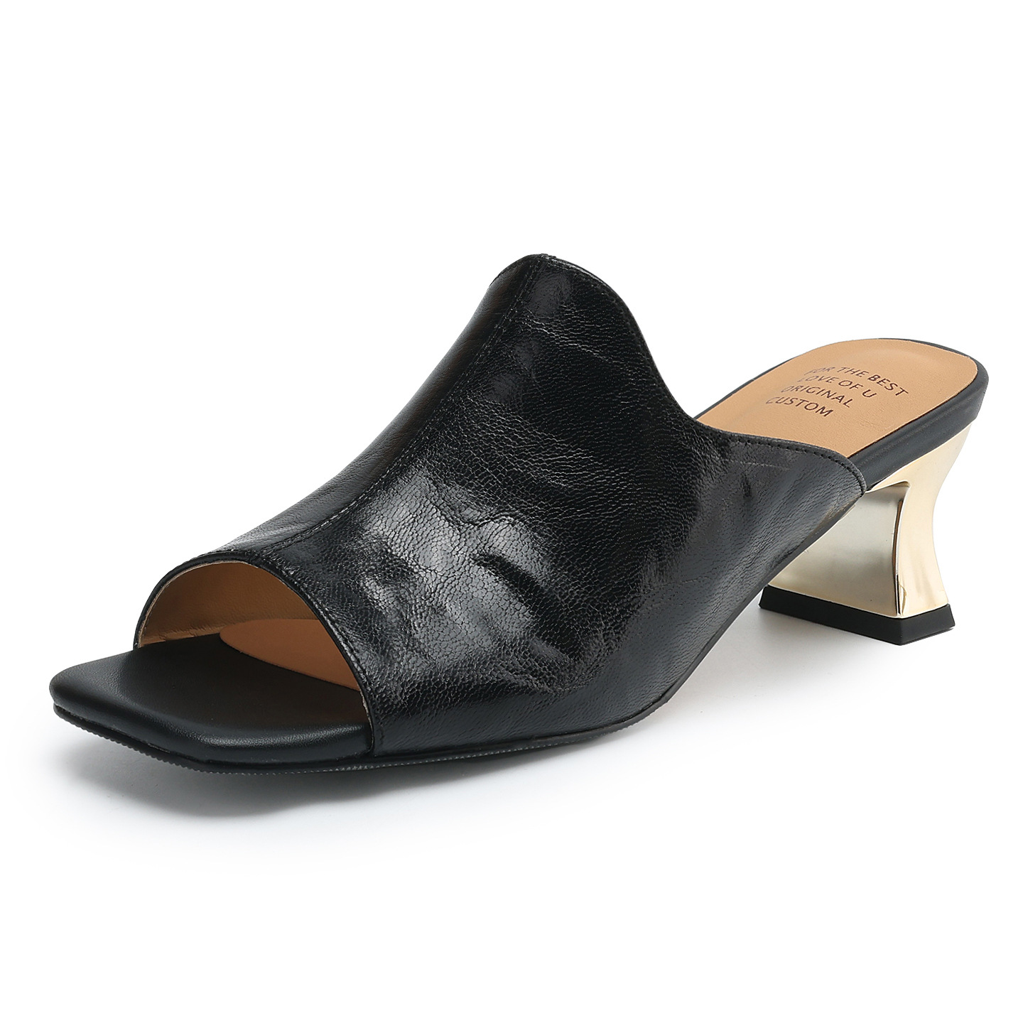 Sandal cao gót nữ hở mũi quai ngang da cừu gót 5 cm — đen
