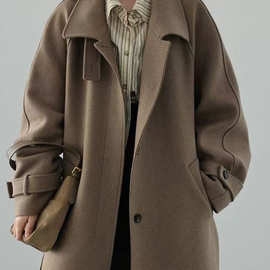 跨境黑色立领暗门襟羊毛大衣女秋冬高端简约插肩袖长款外套102