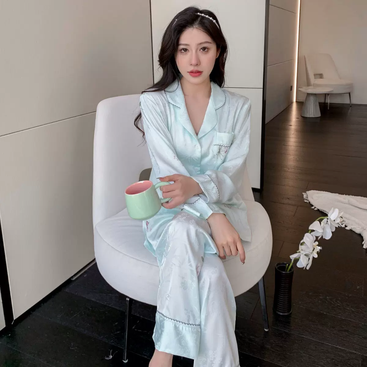 【霓澜之梦】高端丝绸睡衣女士春秋季新款轻奢冰丝提花长袖家居服