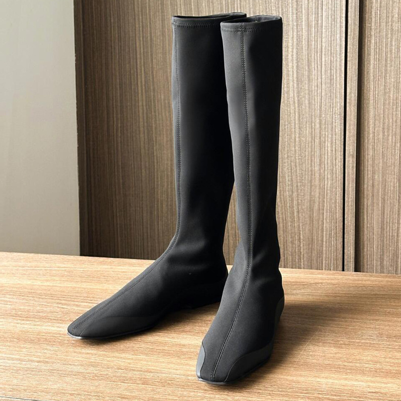 Minimalist Row Style All-Match Leg Boots Stretch Thin Boots Women's Stockings Boots Square Toe Flat Knee Long Boots
