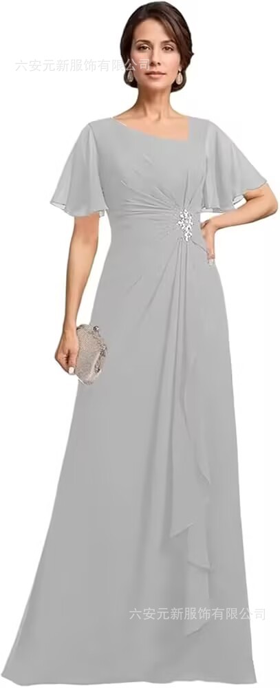 Vestido de novia de gasa de Amazon vestido de madre mariposa de manga corta plisada larga aplicación vestido de invitado de boda