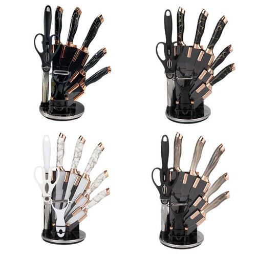 Stainless steel double electroplated head with blade holder, marble pattern handle set kitchen knife set nine-piece sharp