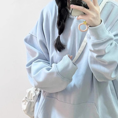 蓝色连帽卫衣女2025新款早秋长袖羽绒服内搭美式慵懒穿搭薄款上衣