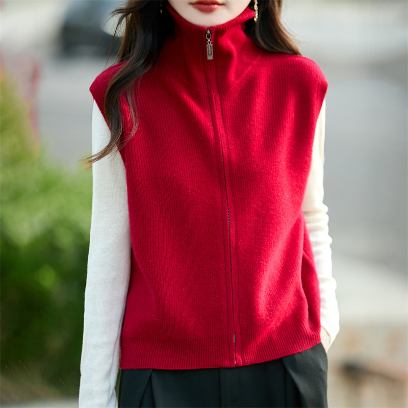 25 Years Autumn and Winter New Pure Wool Turtleneck Knitted Vest Cardigan Zipper Women's Pure Color Sleeveless Layered Waistcoat Top