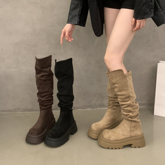 复古棕色加绒过膝长筒靴女2025秋冬新款厚底显瘦美拉德高筒骑士靴
