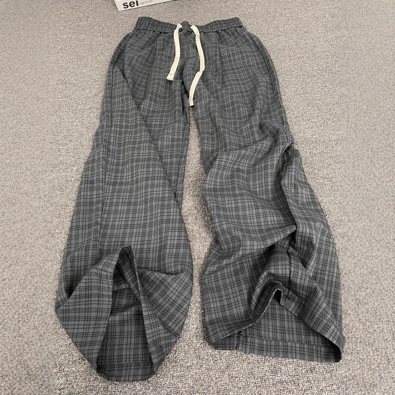 Cleanfit Gray Plaid Pants Men's Spring and Summer Thin Loose Pants American Casual Wide-Leg Straight Pants