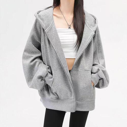 Women's Hooded Sweatshirt, Spring and Autumn Season Versatile Light Gray Elegant Outerwear, Women's Sporty Winter and Autumn Top