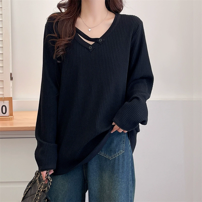 Large size knitted sweater V-neck women's 200 catties slimming top 2024 autumn stretch sweater fat MM casual shirt 8419