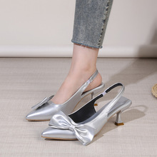 2024蝴蝶结细跟包头后空凉鞋女夏季时尚仙女大码浅口气质低跟凉鞋