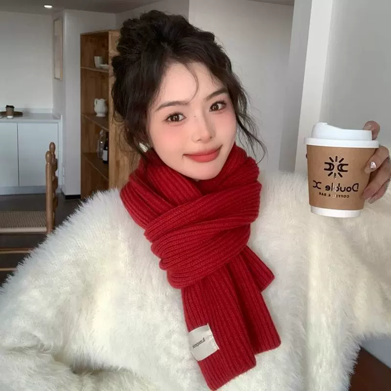百搭红色毛线围巾女秋冬季新款韩系氛围感高级感情侣新年围脖批发