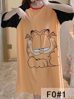 Nuestras ventas directas de la fábrica de verano de manga corta de mediados de longitud suelta de la muchacha exterior solo dibujos animados pijamas de seda vestido de las mujeres