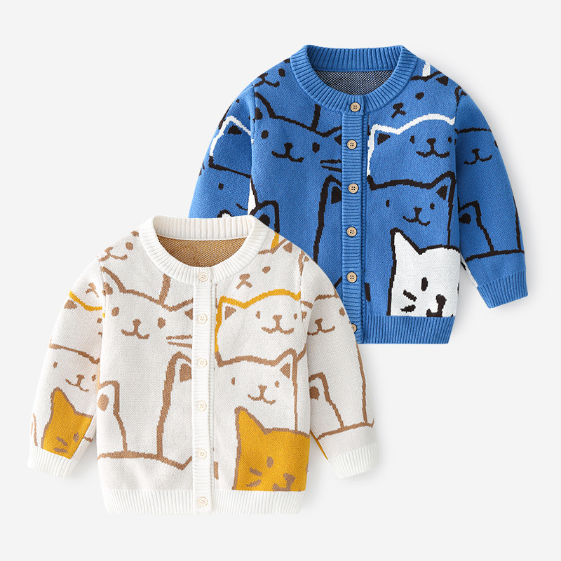 Korean Style Boys' Sweater Pure Cotton Class a Baby Knitted Sweater Children's Sweater Cardigan Spring and Autumn Boys' Knitted Cardigan