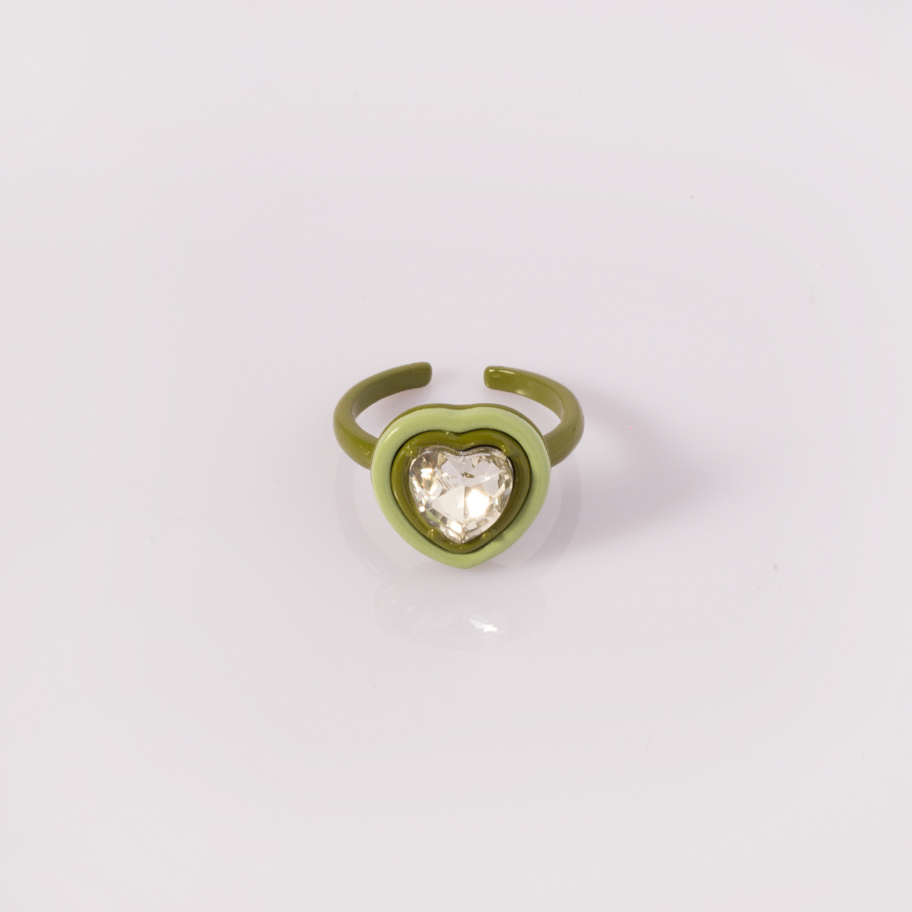 Matcha Green Avocado Rhinestone Ring Niche Heart-shaped Index Finger Ring Set display picture 5