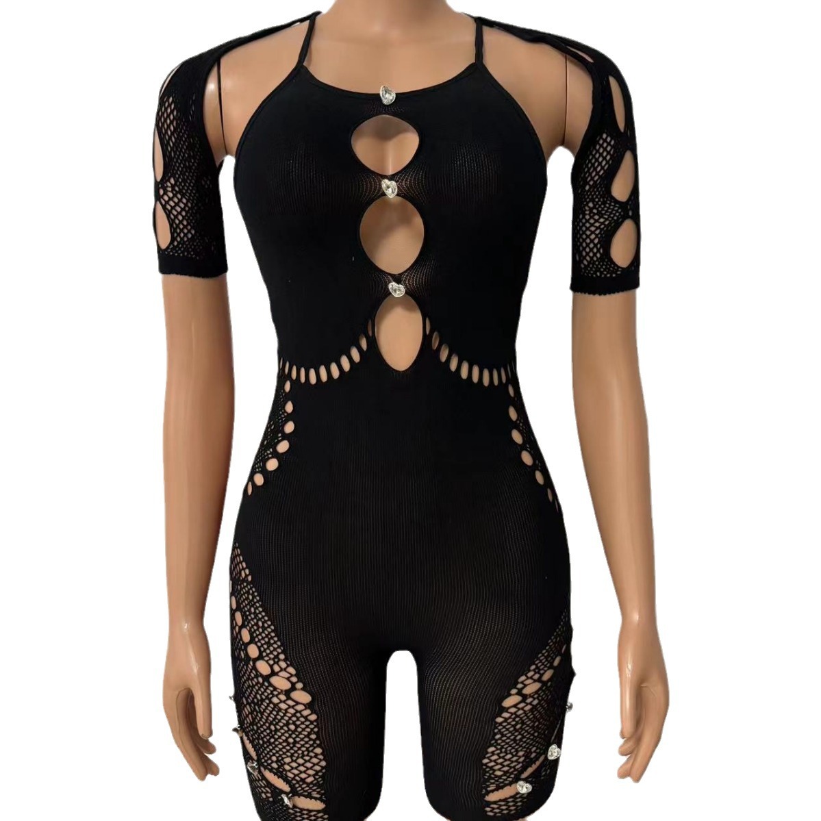 Lencería sexy de estilo europeo y americano Yuedie, ropa de malla sexy con mangas, ajuste ceñido, diseño hueco, cintura alta, body de encaje adornado con pedrería YDT033. image 6