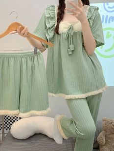 100kg Plus Size Pajamas for Women Summer Casual Short-Sleeved Three-Piece Princess Style Home Clothes That Can Be Worn Outside Spring & Fall