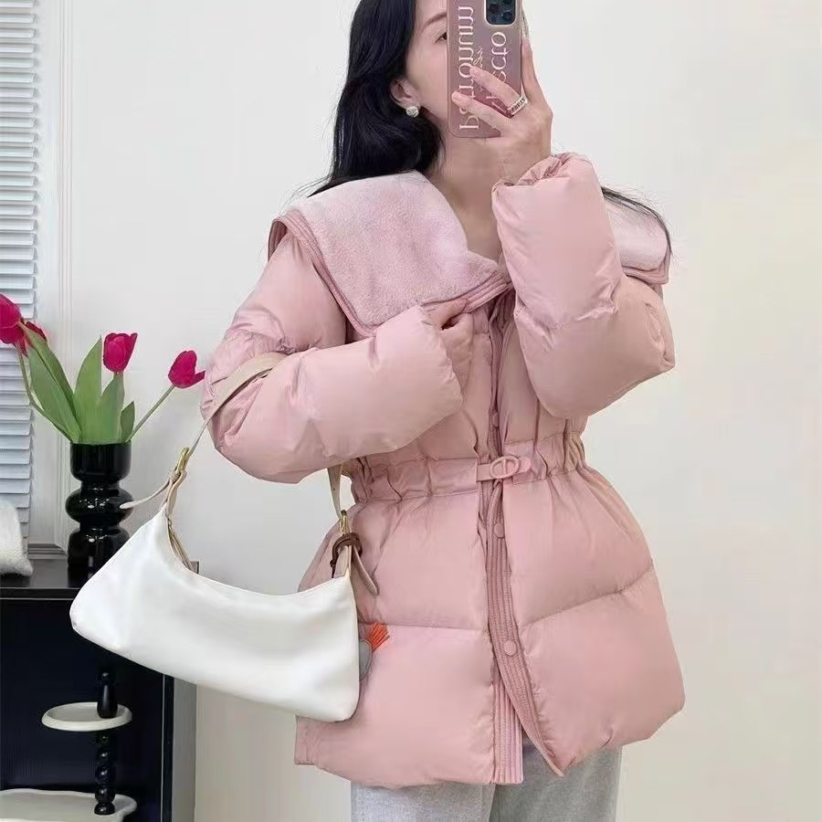 허리 조임 모피 칼라 다운 재킷 여성용 중간 길이 슬림핏 두꺼운 대형 칼라 흰색 오리털 코트 방한 보온 출퇴근용