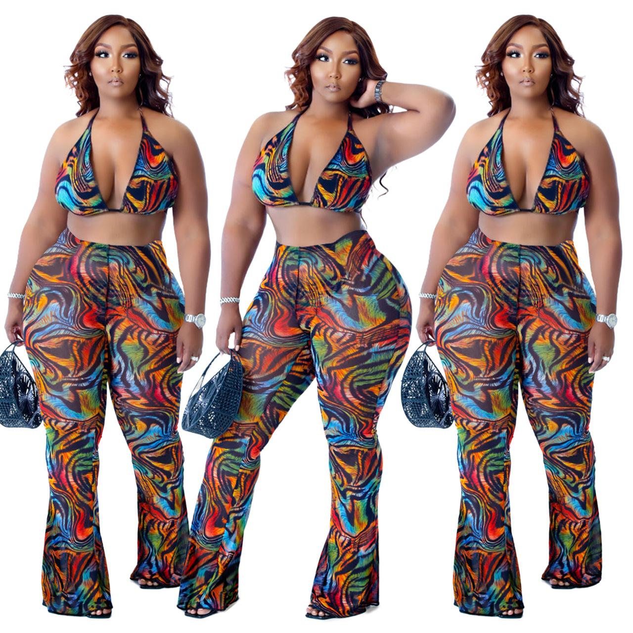 plus size print hanging neck backless wrap chest high waist swimsuit two-piece set NSFH130028