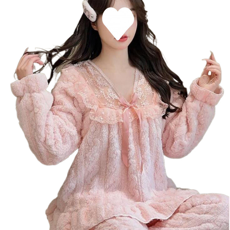 가을 겨울 여학생을 위한 새로운 산호 털 파자마, 두꺼운 한국 스타일 레이스 플란넬, 공주 스타일, 달콤한 홈 의류