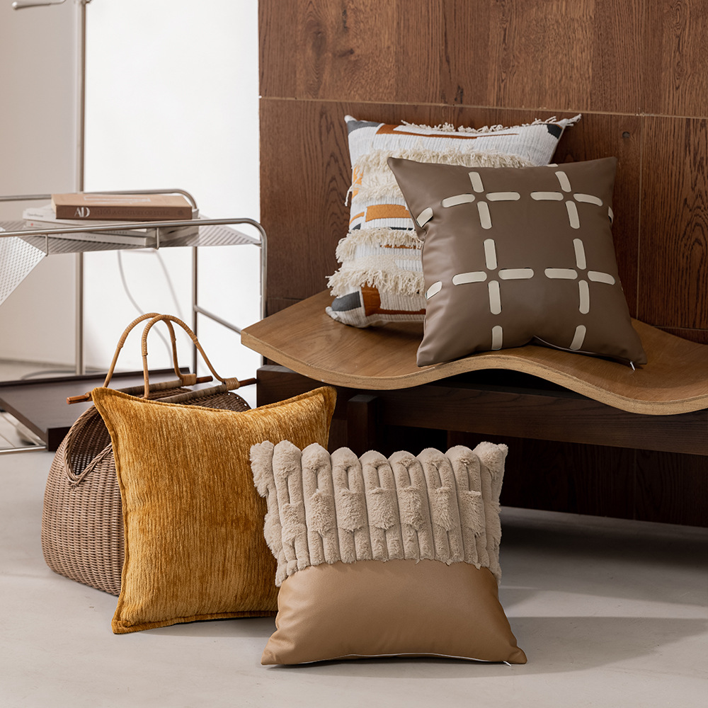 Cojín de chenilla jacquard estilo nórdico de lujo ligero con borlas, funda de cojín de diseño original, cojín lumbar.