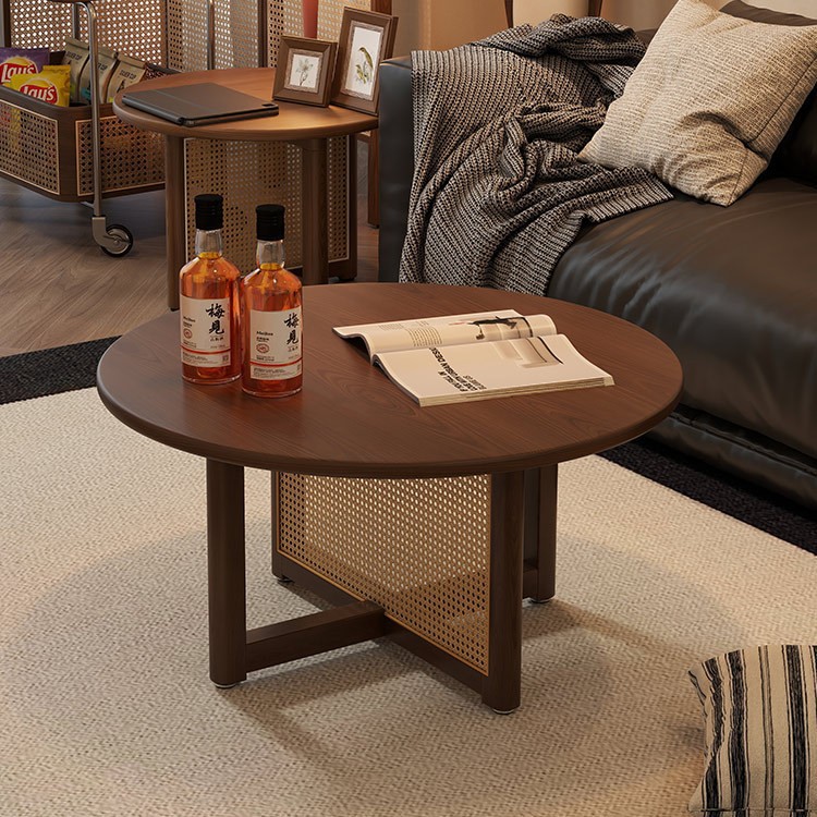 Vintage Solid Wood Walnut-Colored Coffee Table, Antique-Style Round Small-Sized Home Sofa Side Table with Rattan Weaving, Minimalist Coffee Table