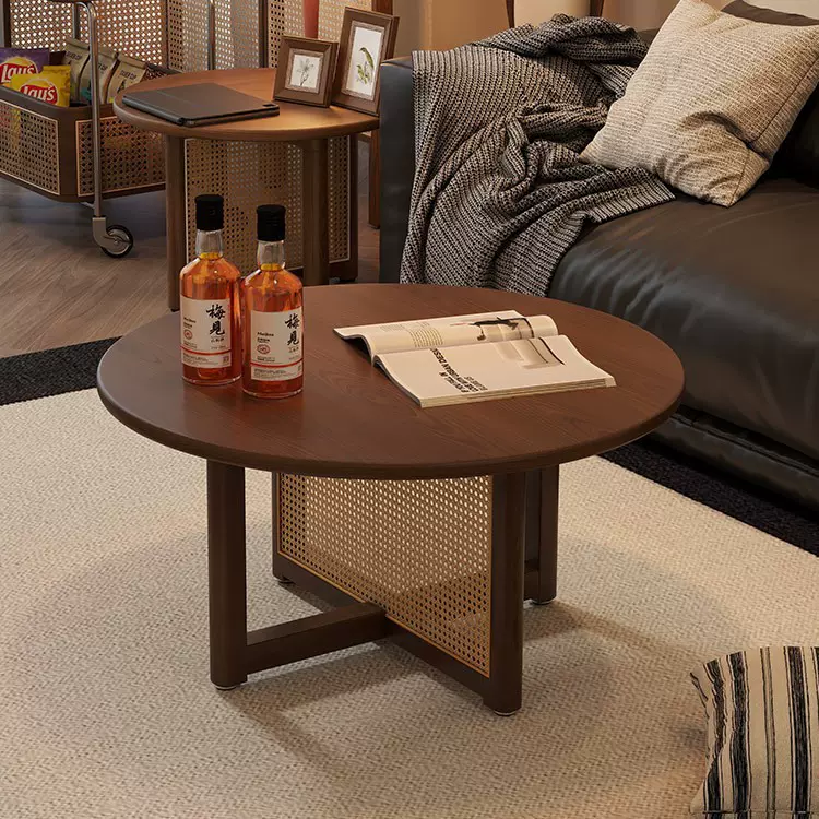 中古实木胡桃色茶几中古风圆形小户型家用沙发藤编边几极简茶几