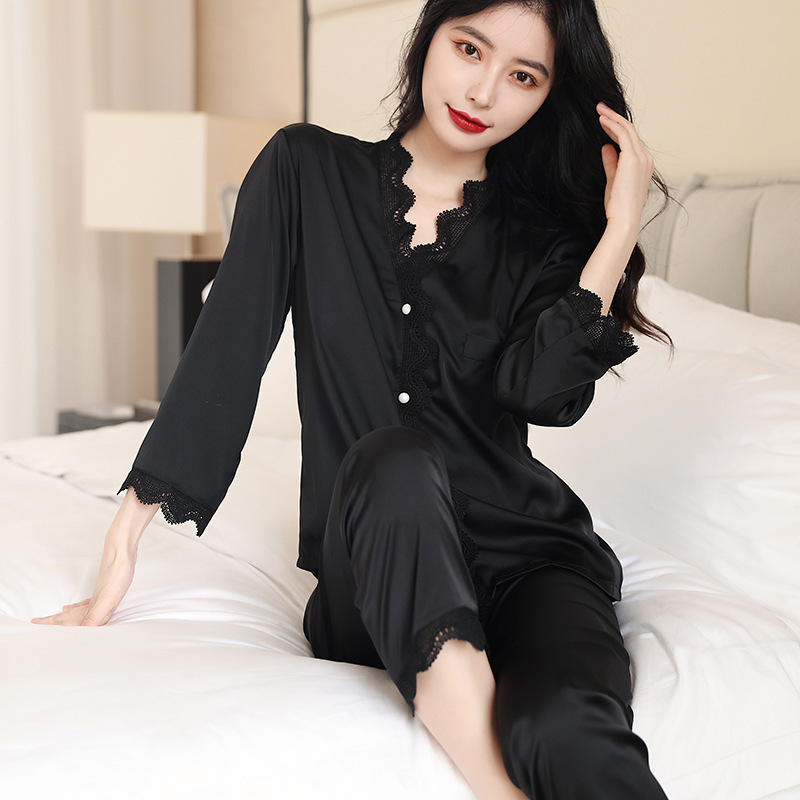 Ice Silk Pajamas Women's Spring and Summer Sexy Lace Long Sleeve Cardigan Two-Piece Set Internet Popular ins Home Clothes TikTok