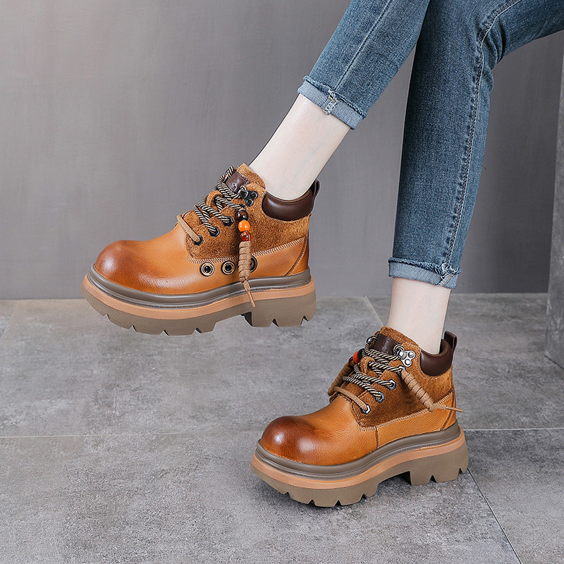 秋冬新款头层牛皮厚底马丁靴女黄色串珠双鞋带英伦风加绒骑士短靴