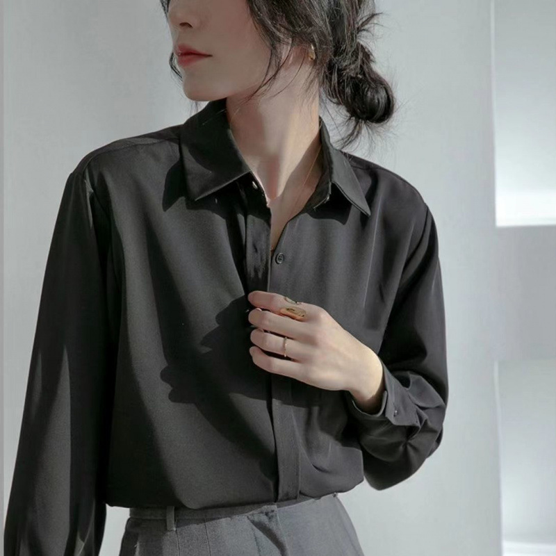黑色衬衫女秋冬加棉港风设计感小众垂感衬衣外套防晒上衣白色工服