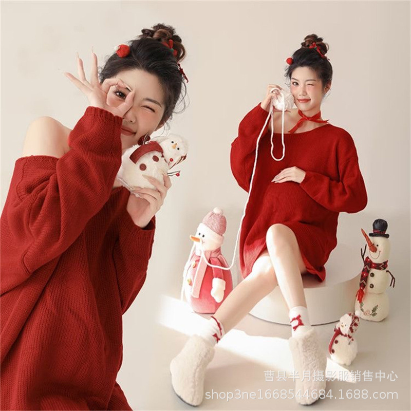 New Year's Pregnant Women's Photo Clothing New Photo Studio Christmas Theme Red Sweater Pregnant Mommy Art Photo Clothing