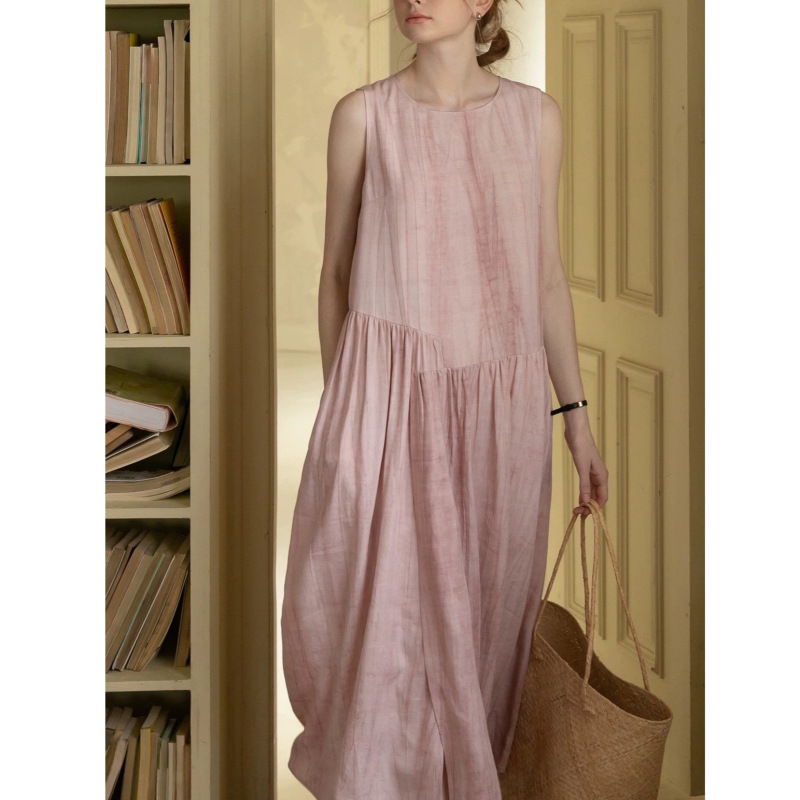Melliy 2026 Summer New Style Handmade Tie-Dye Lyocell Blended Pink Elegant Sleeveless Dress for Women