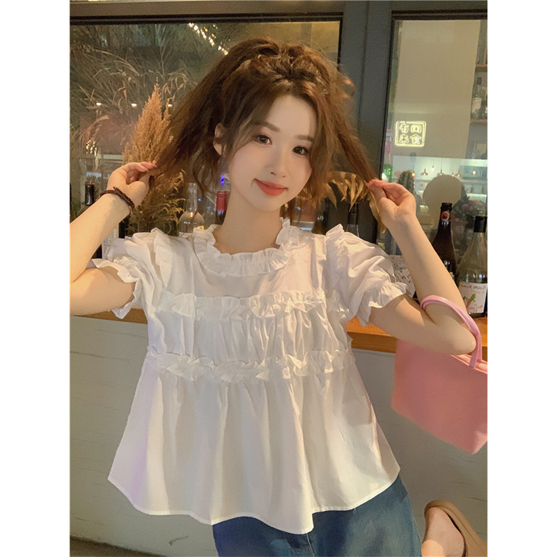 Elegant Ruffled Puff Sleeve Babydoll Shirt for Women, New Summer Style, Loose Fit, Age-Reducing, Slimming Short-Sleeve Shirt for Layering